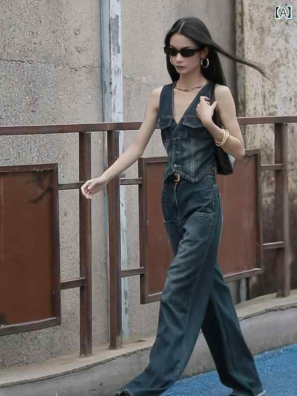 デニム　スタイル　レディース　 アメリカン レトロ ファッション 昔ながらの 万能な 高級 カジュアル デニム トップス ワイド レッグ パンツ ツーピース スーツ レディース 夏用