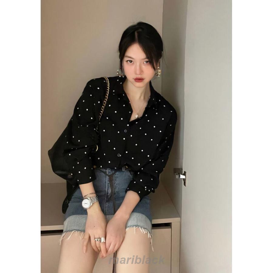 シャツ ブラウス レディース 春 秋 長袖 水玉柄 トップス ドット柄 ベーシック フェミニン 着回し シンプル おしゃれ 大人 カジュアル こなれ感 ゆるっ