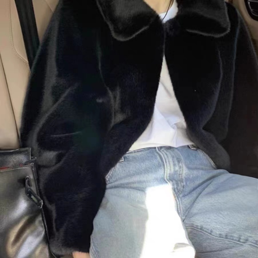 秋冬コート コート レディース ブラック 環境に優しい レザー シース ミンク 韓国風 ネットセレブ 毛皮の白クマ