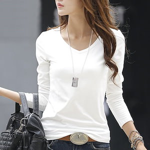 レディース 韓国風 ゆったり カジュアル ボトムス シャツ Vネック コットン 長袖 Tシャツ #