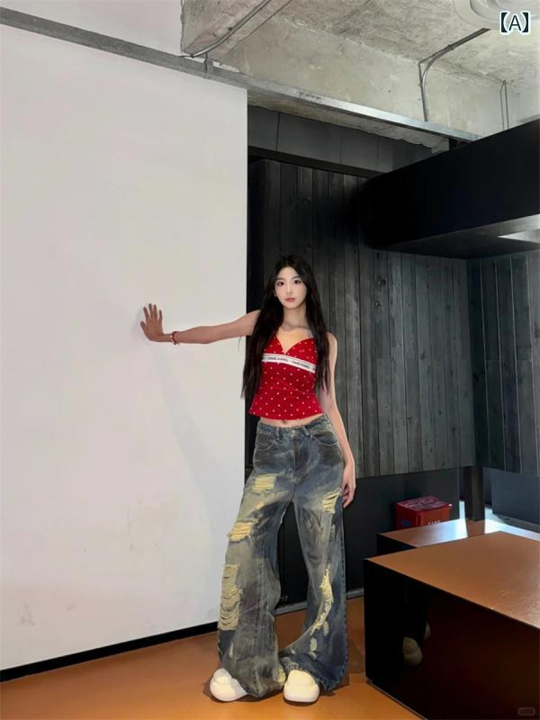 デニムパンツ レディース ボトムス タイダイ ジーンズ ダメージ加工 レトロ ハイウエスト アメリカン ストレート ワイド 秋 ブルー