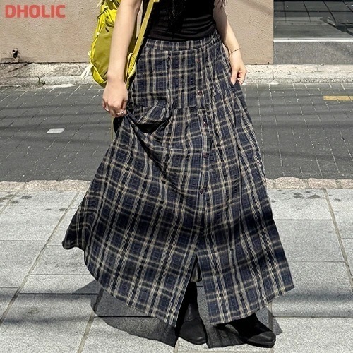 ボタンフレアゴムチェックスカート