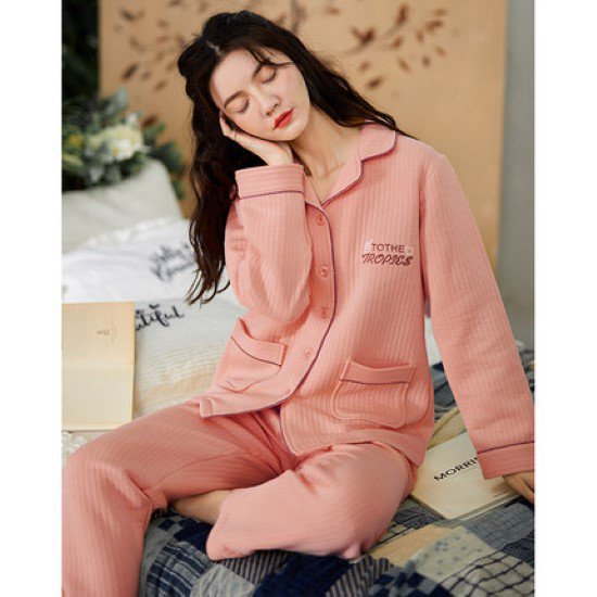 ルームウェア レディース パジャマ 襟あり フロントボタン シンプル ポケット パステルカラー 可愛い リラックス 刺繍 コットン 綿 長袖長ズボン おうち服 寝巻き 部屋着 ナイトウェア