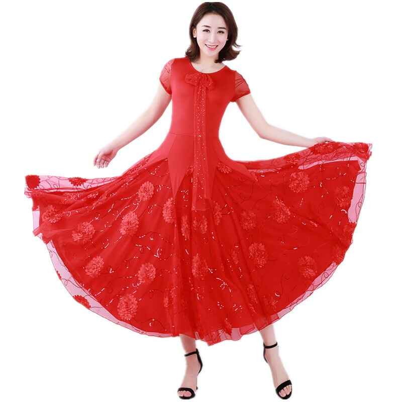 【受注生産M/L/XL/2XL/3XL】レッド半袖レース　社交ダンス 衣装 モダンドレス ラテンドレス ラテン衣装 社交ダンスドレス 大きい裾 豪華なドレス　ダンス衣装 ワンピース ダンス衣装 ダンス