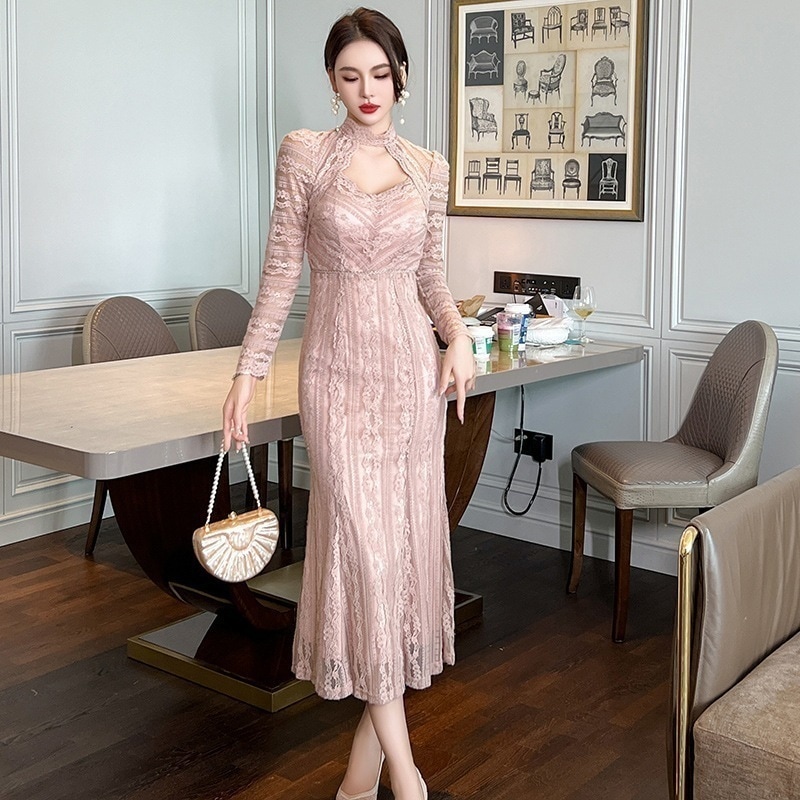 【JY.上品】 秋冬 レースワンピース マーメイド パーティードレス キャバ 着痩せ 大人 同窓会 披露宴 卒業式 結婚式 演奏会 ウェディング 二次会 5,385円