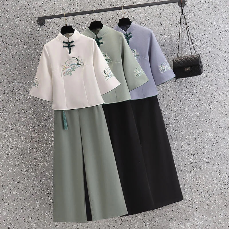 ハイエンドのカスタマイズ-秋冬の唐服茶芸禅服スリムフィット漢服刺繍入り淑女の気質デイリーツーピースセット