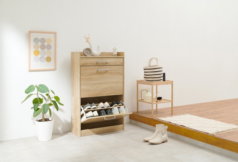 シューズボックス ラック 棚 下駄箱 靴箱 玄関収納 おしゃれ 木目 ナチュラルモダン 大容量 木製 薄型 扉付き ルーバー 通気性 2段 幅62cm