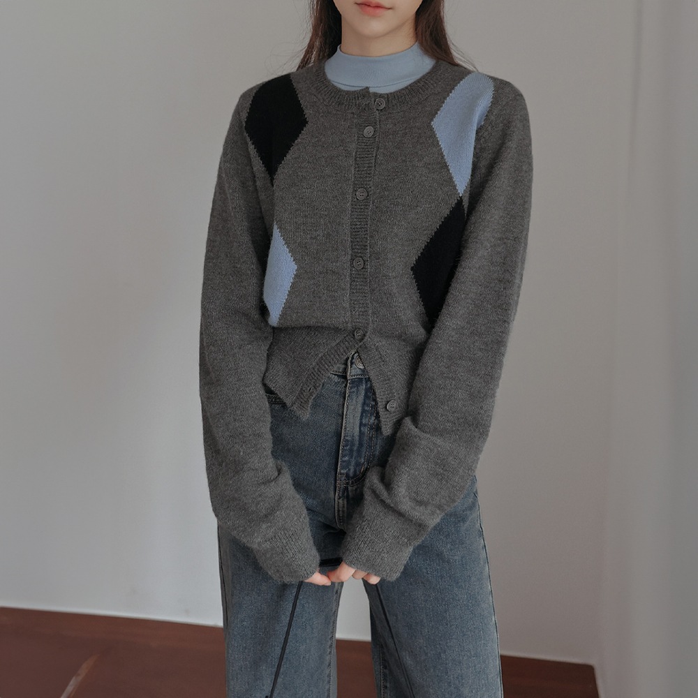 ネロアアーガイルラウンドニットカーディガン 5,451円