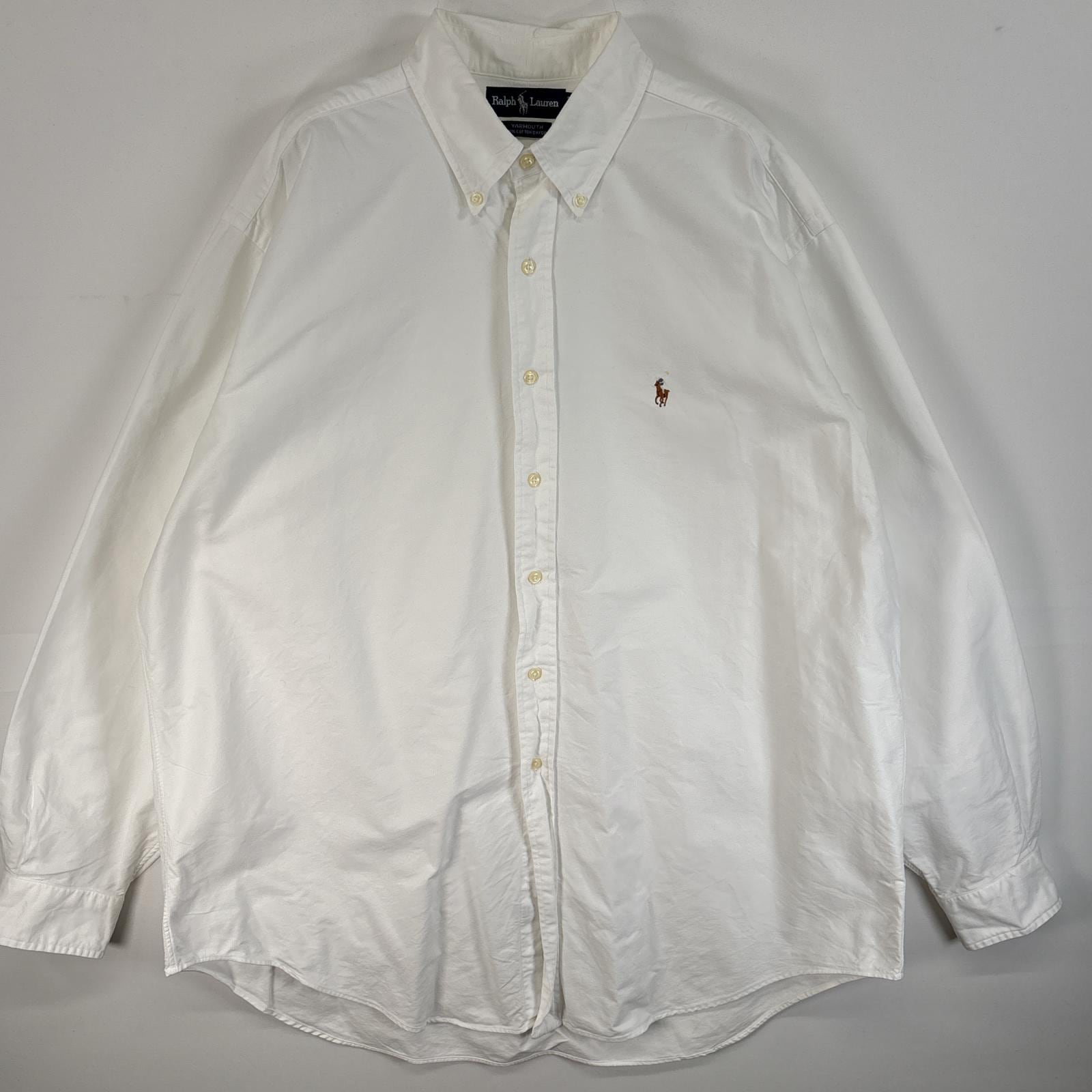 古着 長袖シャツ オックスフォードシャツ ロゴ 刺繍 大きいサイズ 17 1/2-36 XL-2XL ホワイト 無地 メンズ