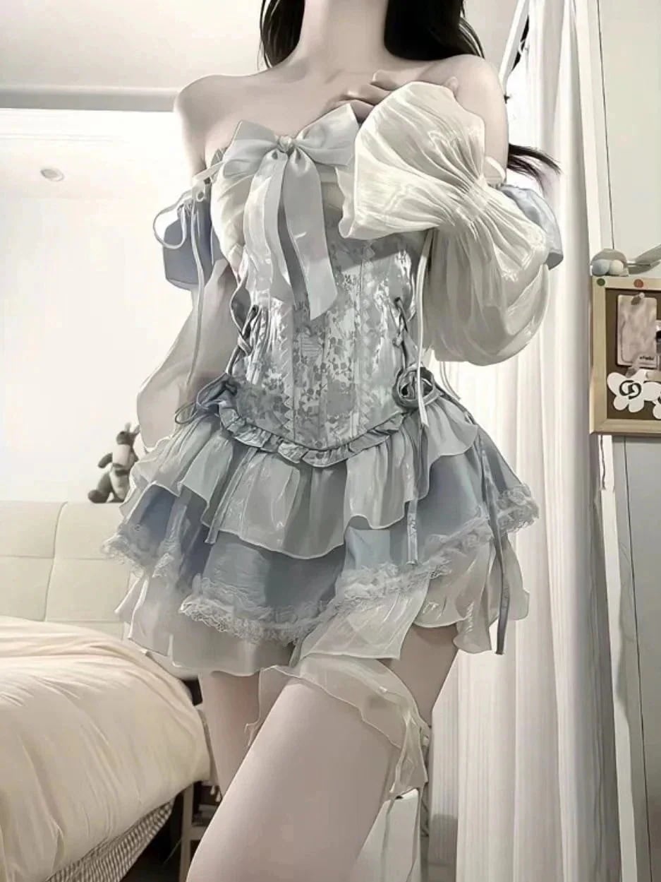 大人気アメリカンハロウィンロリータ ロリータ ブルー 刺繍 ストラップレス パフ2点セット コスプレ コスム