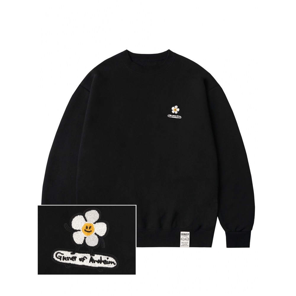 GRAVER フラワーボードエンブロイダリースマイルスウェットシャツブラック