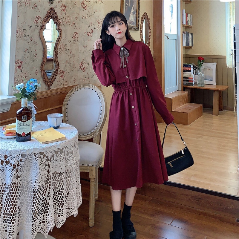 レディース ワンピース シャツワンピ 膝下 ミモレ ミディアム 長袖 襟付き Aライン リボン かわいい 大人可愛い シンプル 上品 おしゃれ レトロ ガーリー 個性的 モダン 主役級 存在感