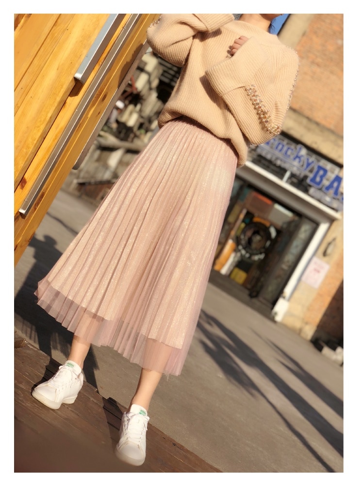 3115.マキシ丈 プリーツラメスカート（ピンク）