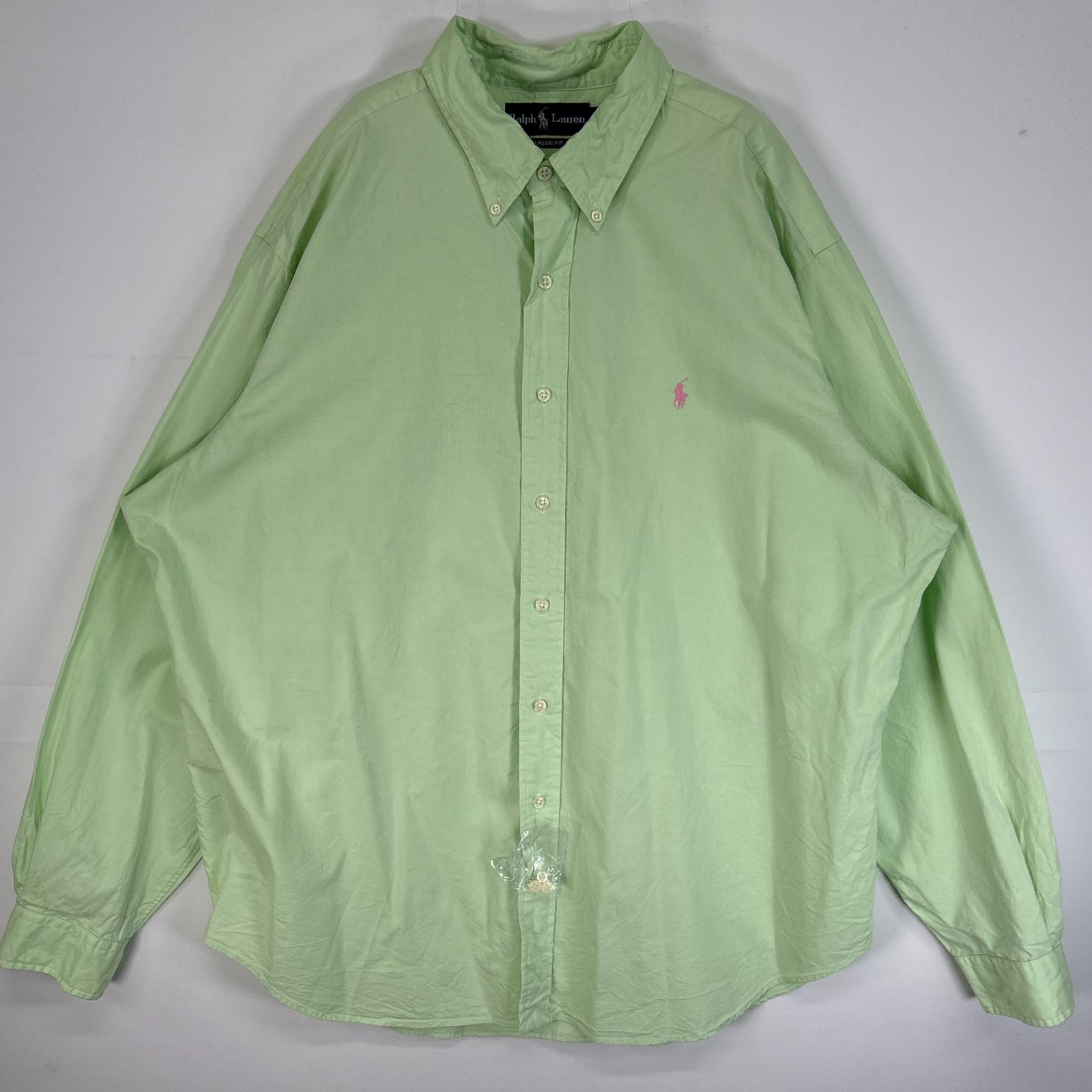 古着 長袖シャツ ロゴ 刺繍 大きいサイズ ボタンダウン XXL グリーン系 無地 メンズ