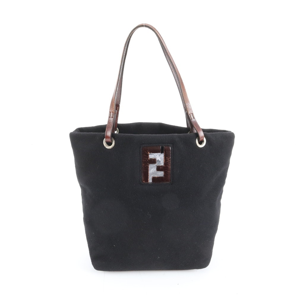 美品 FF ロゴ レザー トート バッグ 肩掛け ショルダー ハンド ブラック 黒 レディース RUE DM41-6 中古