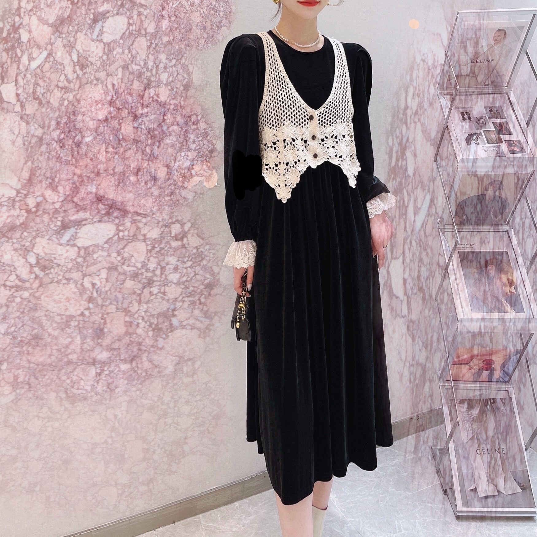 秋 冬 ワンピース ワンピ ワンピースドレス カラードレス レース フリル 鍵あみ フラワーレース 4,963円