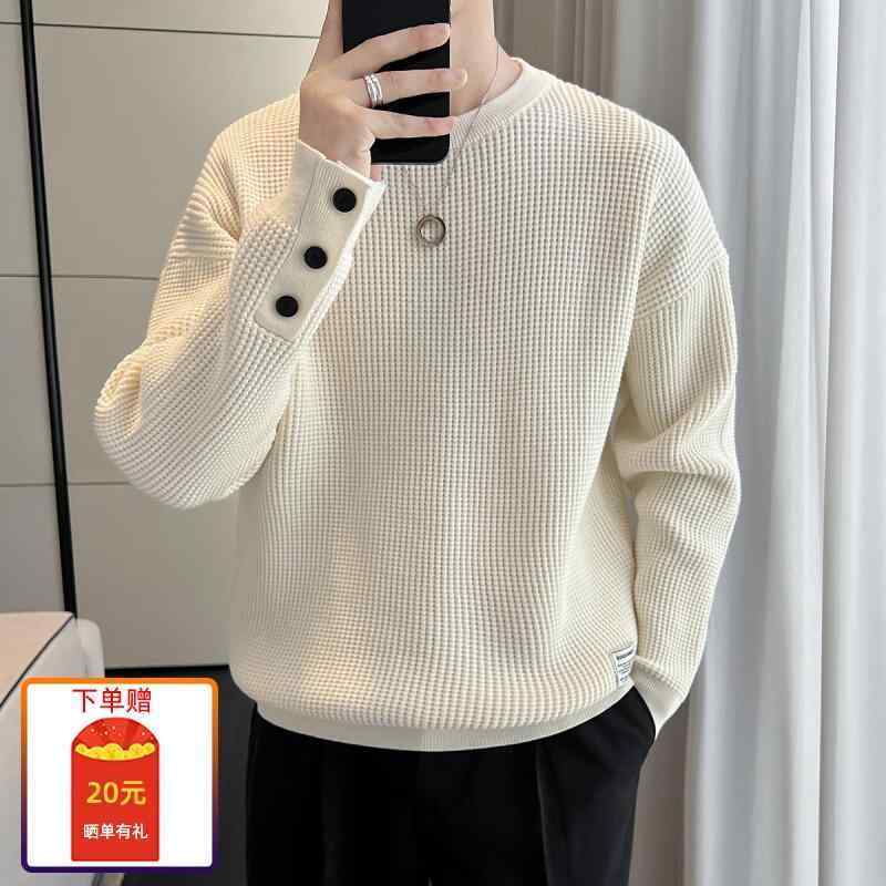 シャツ メンズ 秋 冬 カジュアル 長袖 ニット ワッフル ラウンドネック セーター ハイエンド ボトム