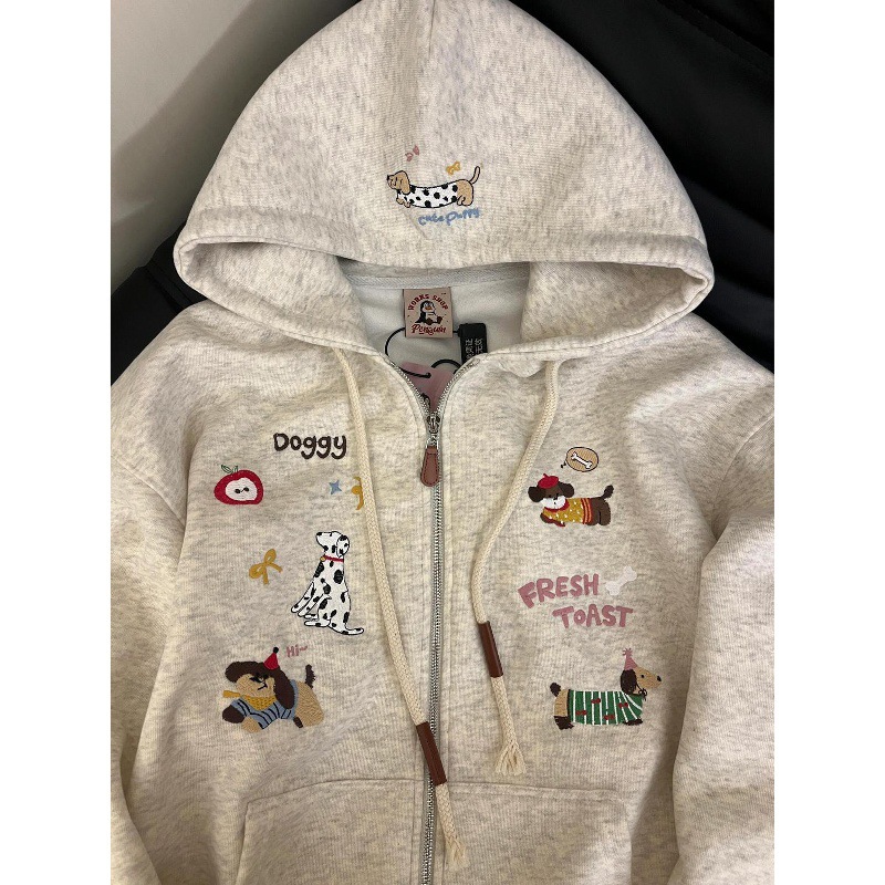 かわいい刺繍入り子犬フード付きスウェットシャツ（レディース）春/秋の新作ユニークなデザインジッパーカーディガン万能アウター 4,182円