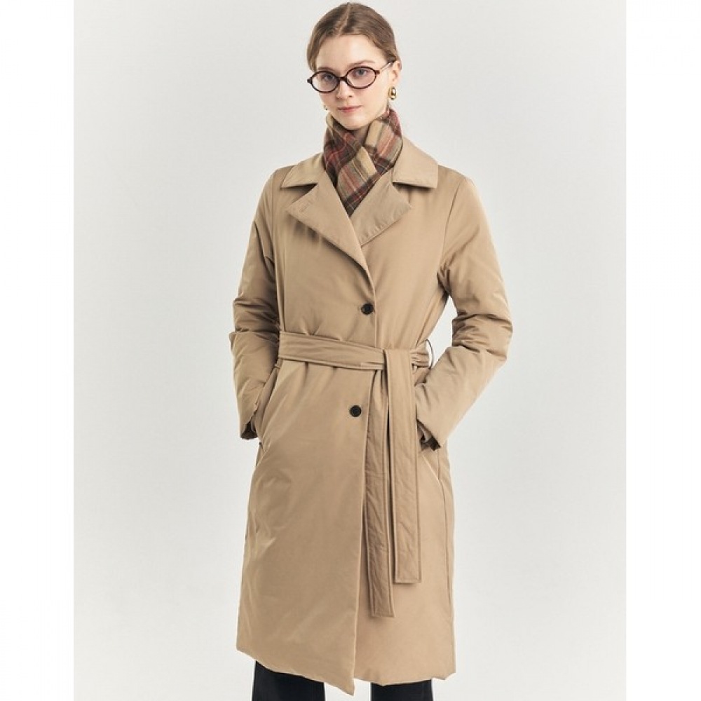 (ヘッジズレディース) 24FW ノンキルティングチェック裏地ロングウェイトグースダウンジャンパーベージュ HSJU4D910I2