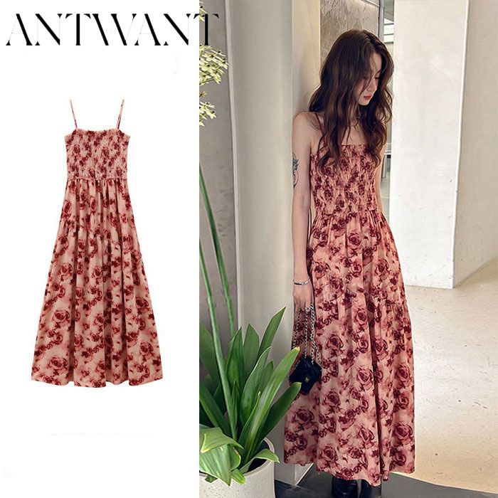 ドレス マキシスカート夏の新しい花のドレス夏の女性ウエスト薄いホルタードレスのフランスのレトロなシニアの感覚韓国ファッション レディース