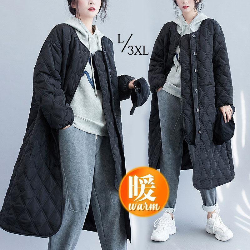 秋冬新作 キルティングコート レディース 中綿コート 襟なし ジャンパー ロング丈 キルティング 無地 軽量 大きいサイズ 暖かい アウター あったか ゆったりキルティングコート レディース 中綿コー