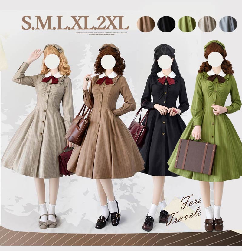 ロリータ レトロ クラシックストライプ 長袖ワンピース cla フレアスカートドレス ロリータファッション