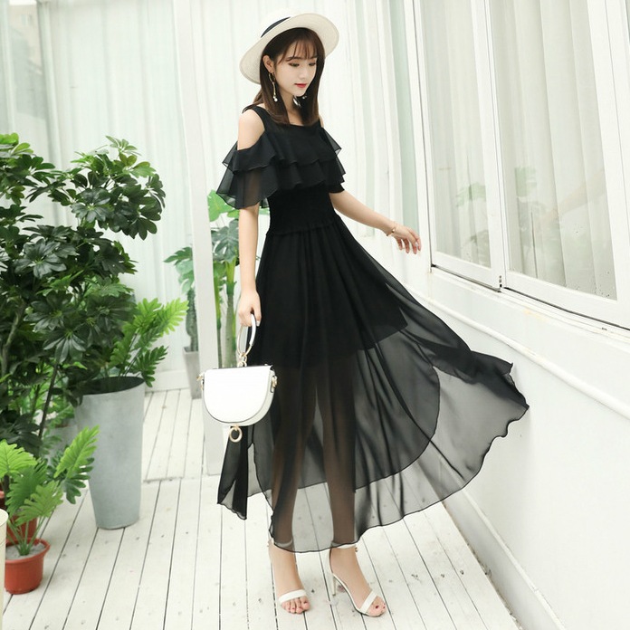 ワンピース オフショルダー ロング丈 フレアスリーブ 肩出し フレア シフォン ハイウエスト 透け感 伸縮性 無地 リーフ柄 かわいい 大人可愛い シンプル カジュアル 大人 上品 フェミニン