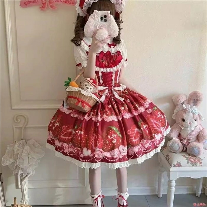 甘ロリータ ジャンパースカート セット シャツ パニエ追加可 お姫様 フリル 苺柄 ストロベリー プリント 半袖 膝丈 レース レディース 人形みたい エレガントロリ プリンセス風 お姫様ドレス個性