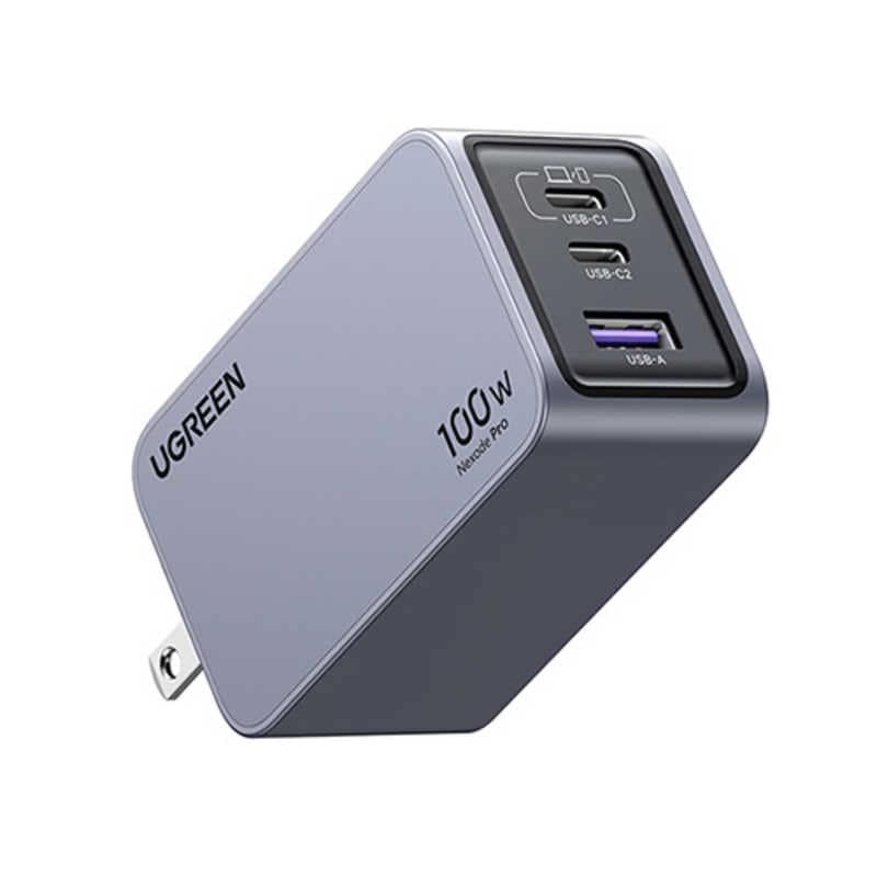 UGREEN　Nexode Pro 急速充電器 100W GaN 2C1A 3ポート USB-C to USB-Cケーブル付き 25873 グレー　UGR-OT-000010充電ケーブル・充電器