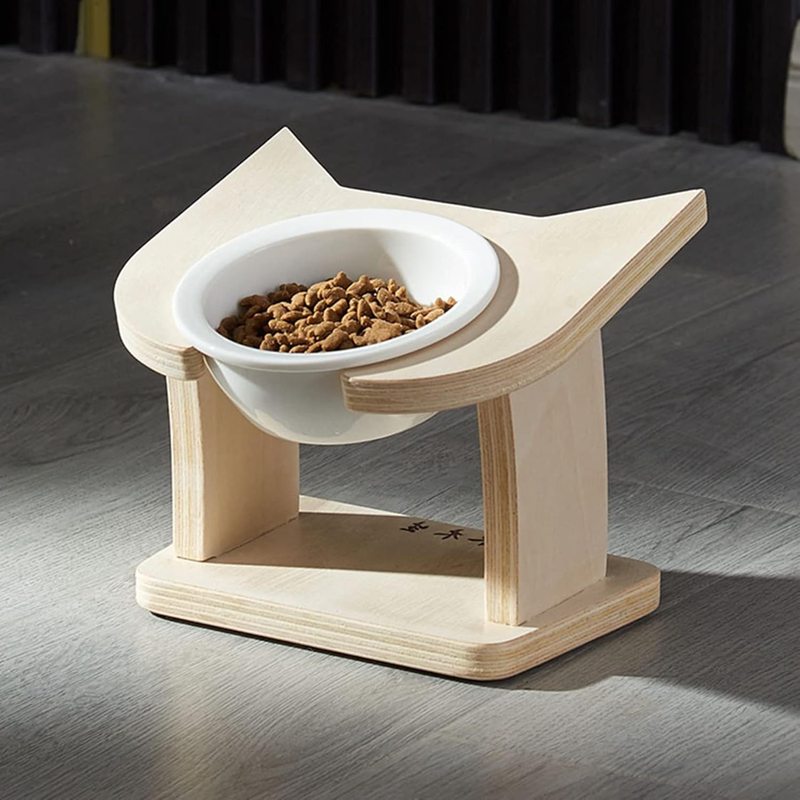 猫食器 ネコボウル ねこエサ入れ 食器スタンド ねこ給食 ペットボウル 小型犬 セラミック フード用 スタンド 木製 ねこ ご飯台 陶製 フードボウル ダブルボウル おやつ皿 お水入れ 餌入れ 斜め