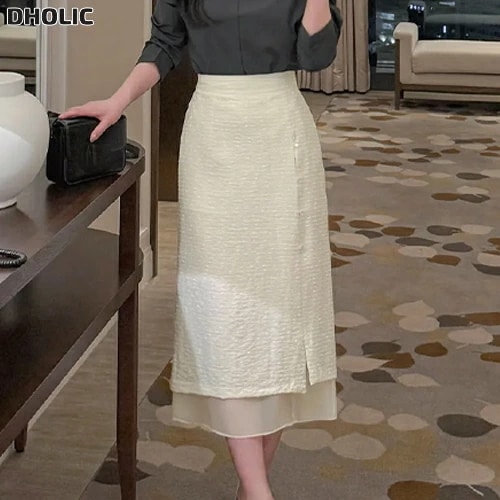 シフォンコンビボタンジップアップバックゴムロングスカート・1956575