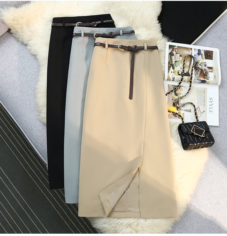 【送料無料】レストラン定番 お出かけ デート 通勤 OL オフィス ロングシーズン シンプル きれいめ ベルト サイドスリット リーツ