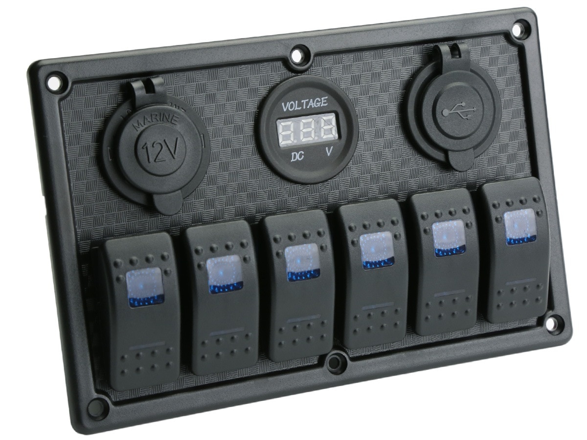 6連防滴 ロッカスイッチパネル LEDパイロットランプ 電圧計 シガープラグ USB電源 ステッカー100個 I-276