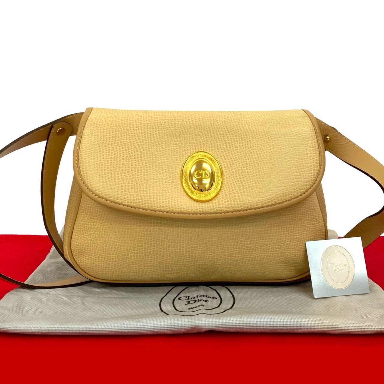 ヴィンテージ CD ロゴ 金具ショルダーバッグ レザー ベージュ 88697