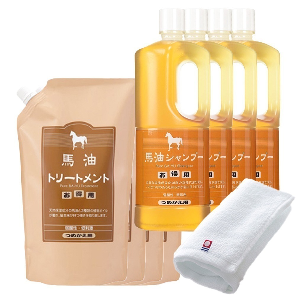 正規販売代理店 定価より10%OFF 馬油セット 馬油シャンプー 4本 馬油トリートメント 4個 各1000ml 詰め替え用 今治タオル付き 馬油 シャンプー トリートメント 大容量 旅美人