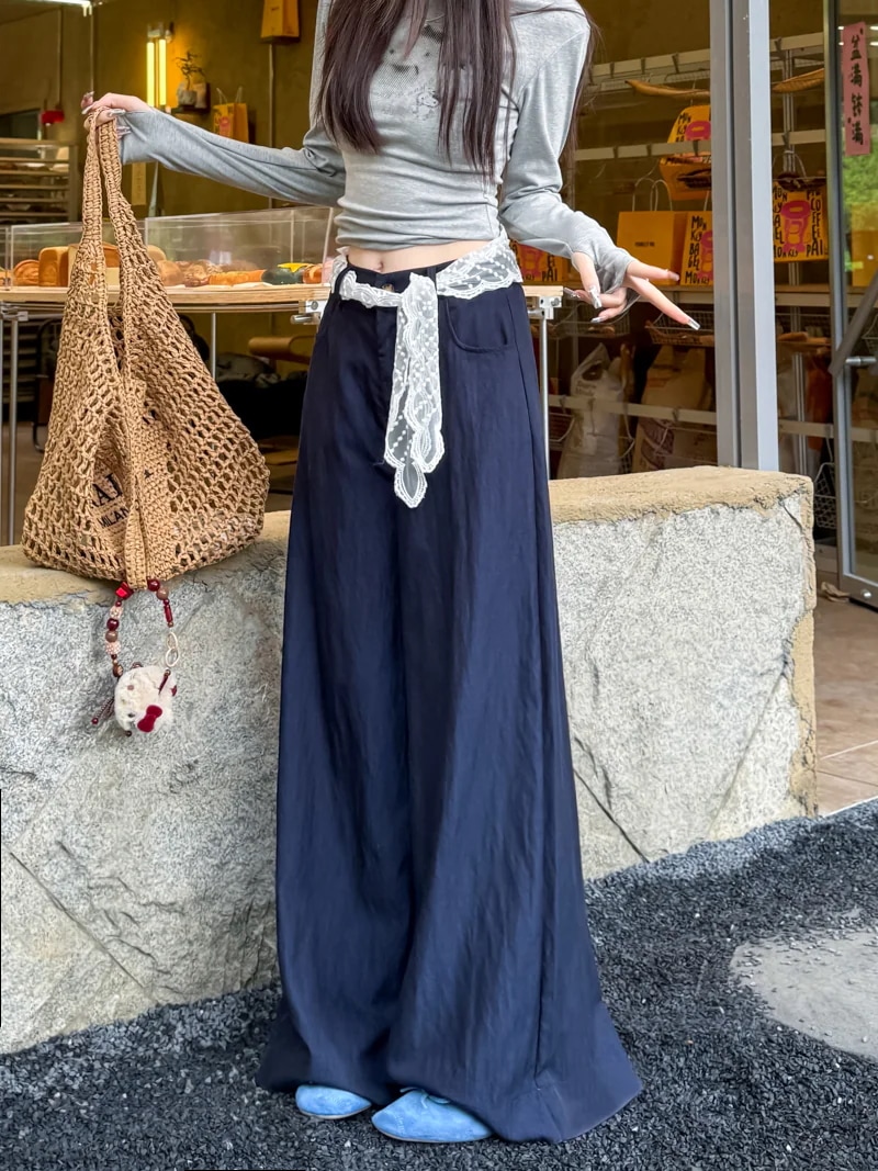 2025春夏 レースベルトカジュアルパンツ新作ハイウエストスリムファッションドレープワイドレッグドラッグパンツ