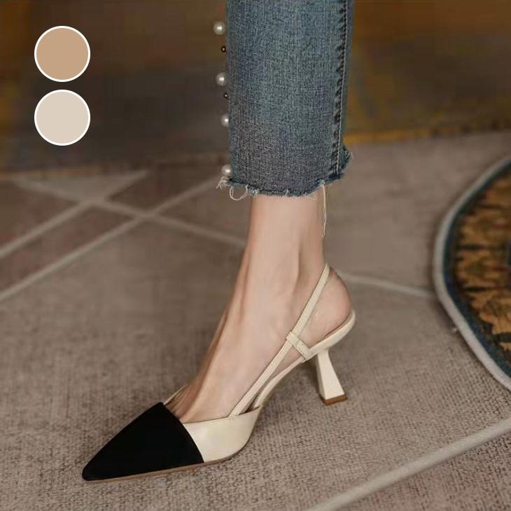 【期間限定】ポインテッドトゥ ローヒール パンプス ミュール PU バイカラー ストラップ 【k3-fym633】【予約販売：15-20日】60込