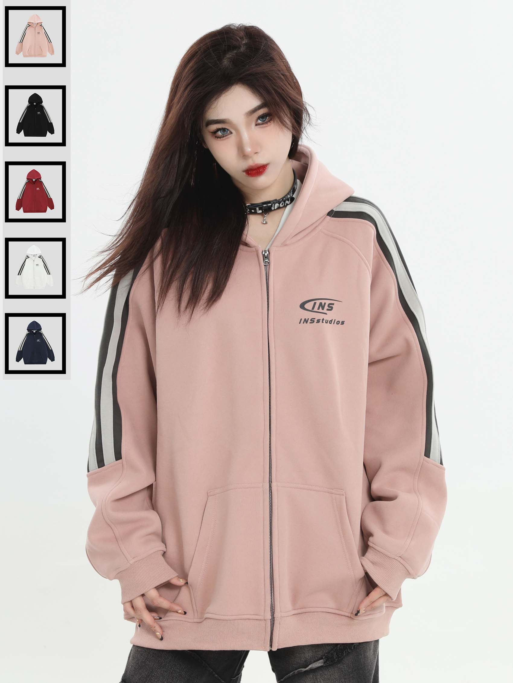 爆裂超特価2025秋冬 韓国風 裏起毛アウターユニセックスあったかストリートカジュアルかわいいレディースコーデバイカラーフード付き羽織り長袖配色コーデトップスサイズサイドシルエットファッション系フル丈