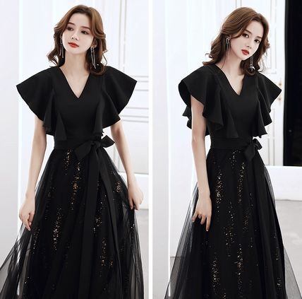 ブラック ロング ドレス 結婚式 披露宴 パーティーVネック 無地 ロング 半袖 ホームパーティーアイテム グリッター 謝恩会 結婚式二次会 シースルー レディース かわいい 大人可愛い きれいめ