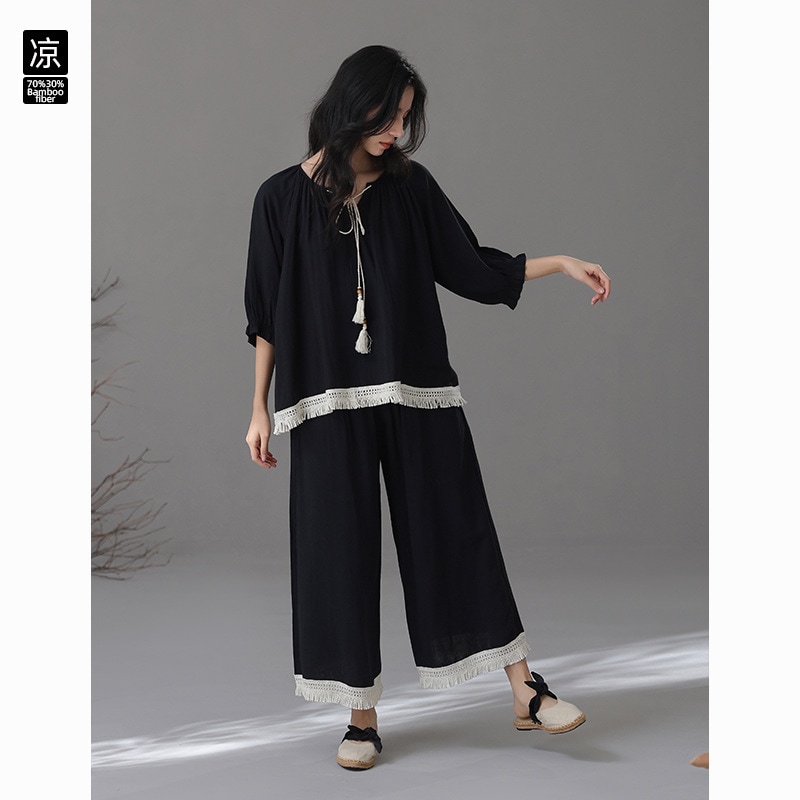 [竹繊維]柔らかい竹綿パジャマ夏通気性レディースパジャマ3/4袖侘び寂びスタイル古代スタイルのホーム服a