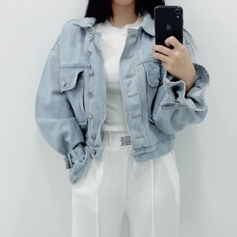 デニムジャケット Gジャン 春コート 春ジャケット ライトブルー ネイビーブルー 韓国 レディース オルチャン アウター 袖あり 長袖 ボリューム袖 無地 春 秋 10代 20代 30代