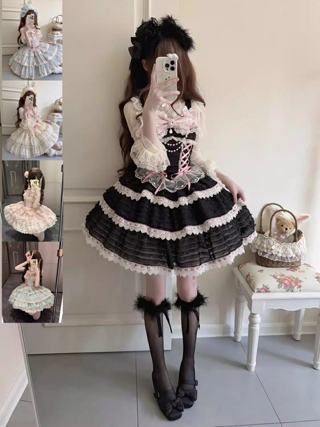 デビューした新品ロリータワンピース ジャンパースカート膝丈ドレス フリル レース チュール リボン お姫様 プリンセス Ａライン ティアードスカート 二次元 大人 ジュニア LOLITA JSK 甘ロ
