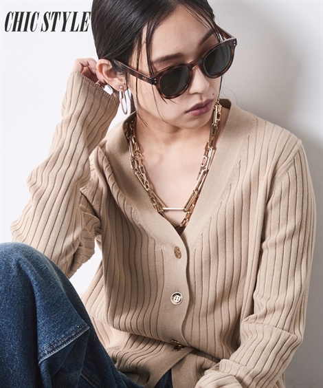 カーディガン 綿100％ワイドリブVネックニットカーディガン 大きいサイズ有 シックスタイル