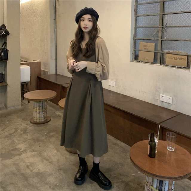 セットアップ ワンピース 個性的 ラウンドネック 長袖 Aライン ミモレ かわいい 大人可愛い