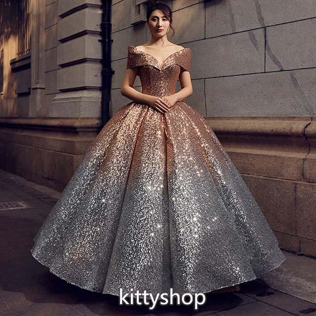 [9月販売促進新品]スパンコール ドレス グラデーション オシャレ 発表会ドレス カラードレス オフショルダー 演奏会ドレス コンサート イブニングドレス Vネック大ヒット