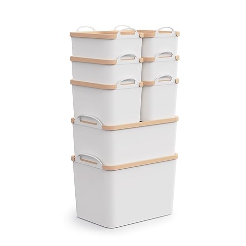 FITYE-KY 収納ケース 手提げ付き 茶色蓋付 3種類サイズ8個セット Sサイズ4個（25.8cm*18cm*高度10cm） Mサイズ1個（25.8cm*18cm*高度16cm） Lサイズ2個（3