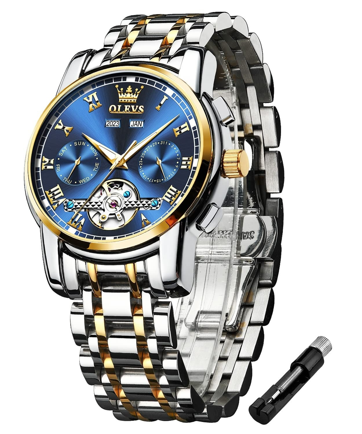 腕時計 メンズ 機械式 ビジネス時計 メンズ 人気 自動巻き ステンレス アナログ 日付 中空文字盤 見やすい 夜光 防水