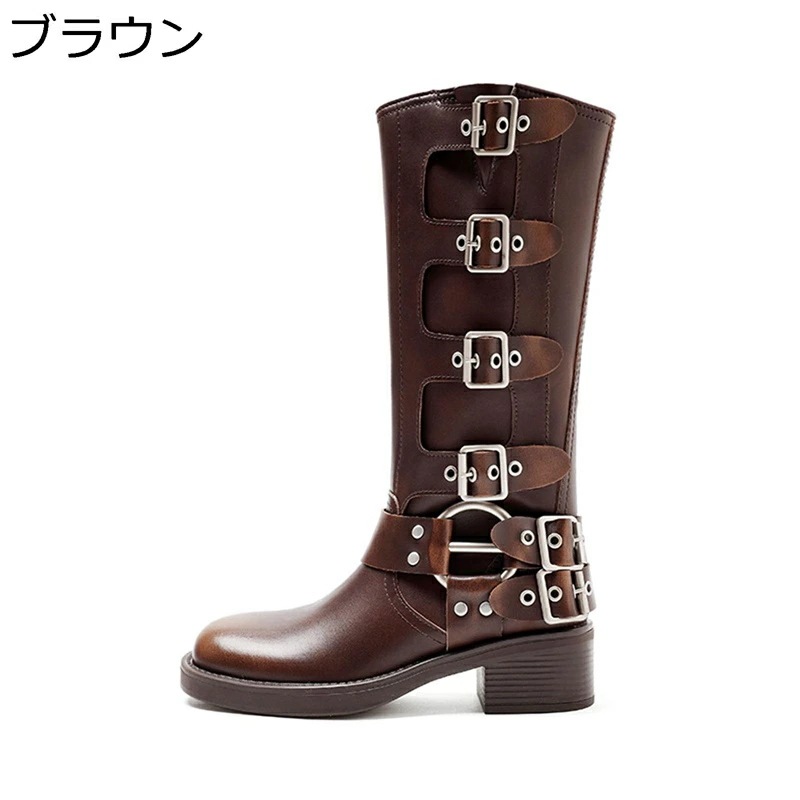 ウェスタンブーツ 金属 メタリック ベルト モンクストラップ レディース ジョッキーブーツ ロング丈 秋冬 ミドルヒール スクエアトゥ スクエアヒール 走れる オシャレ 日常着用 普段履き