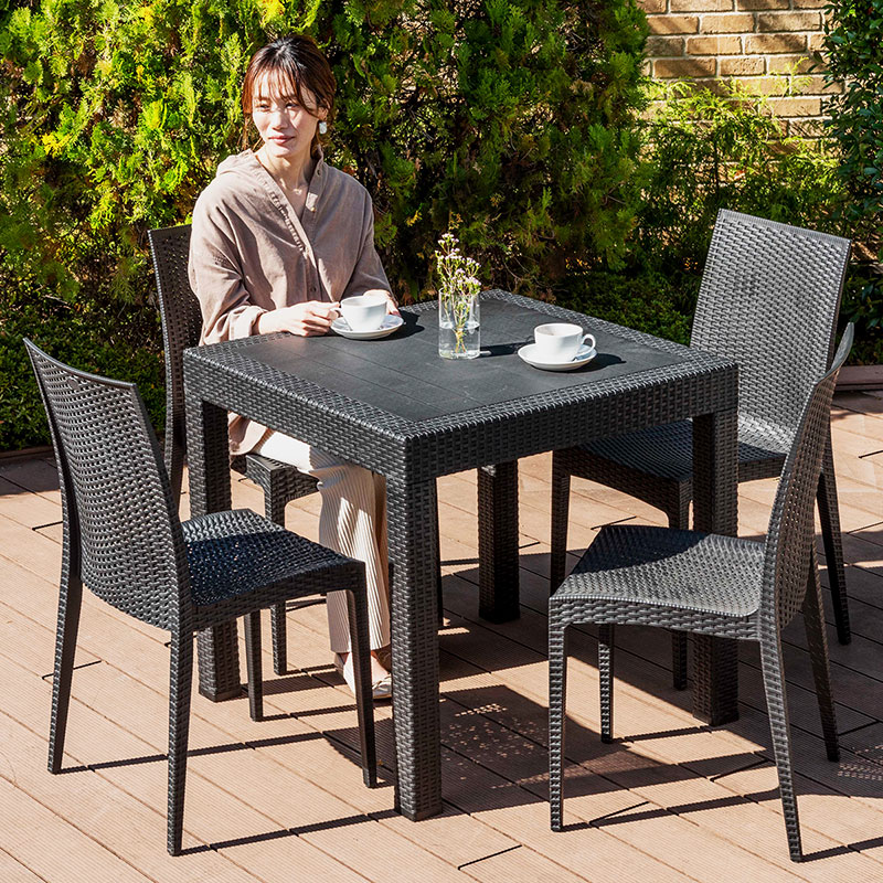 ラタン調 ガーデンセット ガーデンテーブル チェア セット 庭 ガーデン テーブル 5点セット 雨ざらし カフェ風 おしゃれ ホテル エクステリア W80 肘なし D