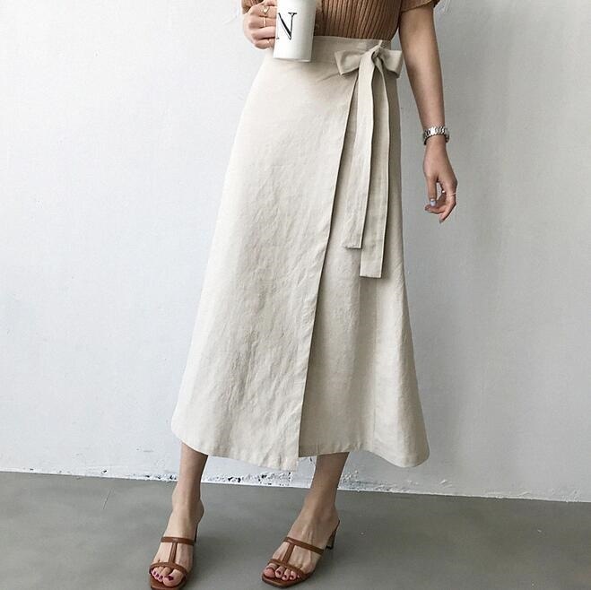 3201.ロング丈 カジュアルなラップスカート（ベージュ）2019 春夏 sale 無地 シンプル 普段使い お出かけ